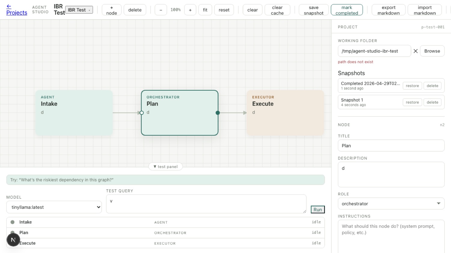 Agent Studio canvas — an Intake → Plan → Execute agent graph with connected nodes, a node inspector (title, description, role, instructions) on the right, snapshots, and a test query run against a local Ollama model ::border