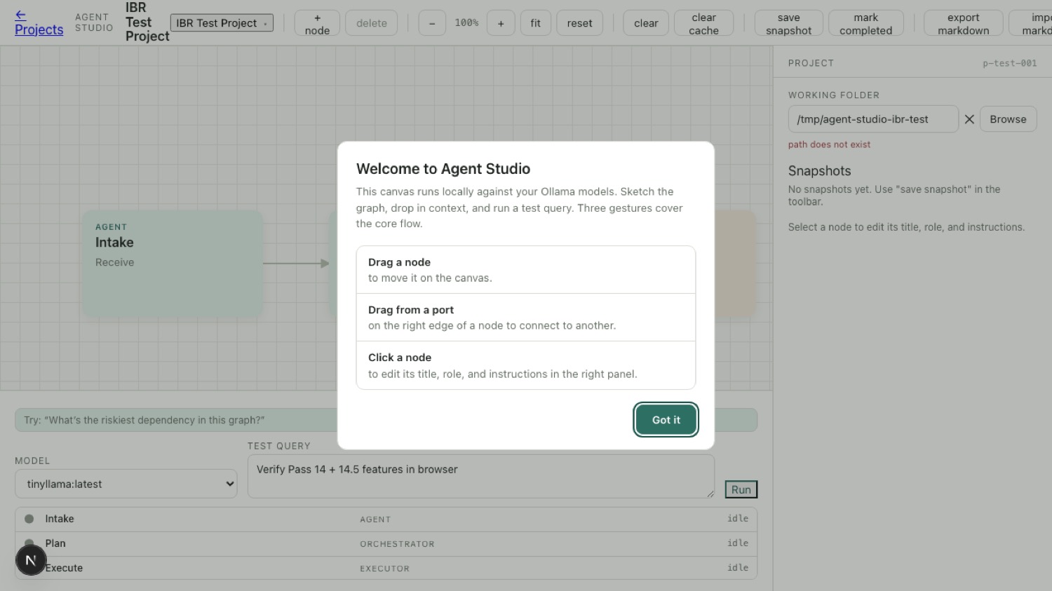 Agent Studio onboarding — the three core gestures (drag a node, drag from a port to connect, click a node to edit) over the live canvas ::border