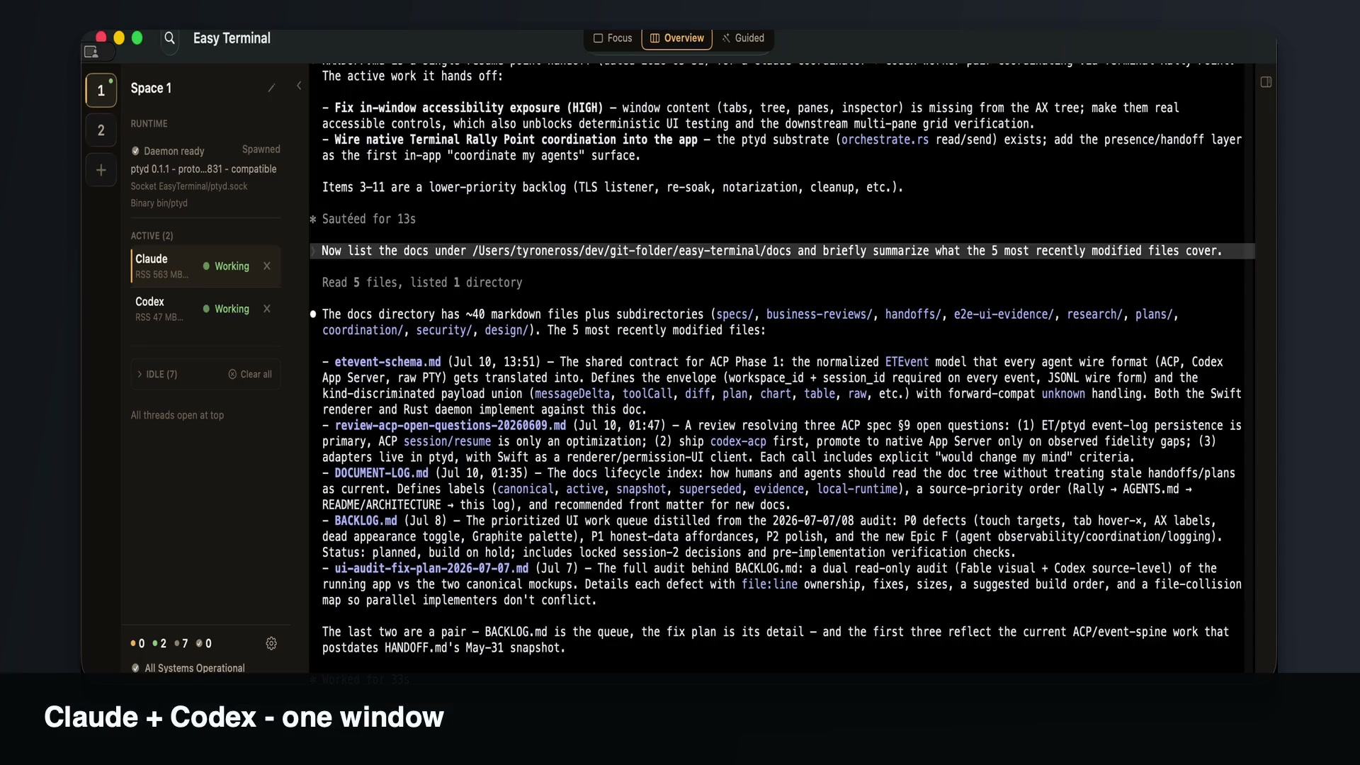 An earlier Easy Terminal build showing agent sessions in one native window
