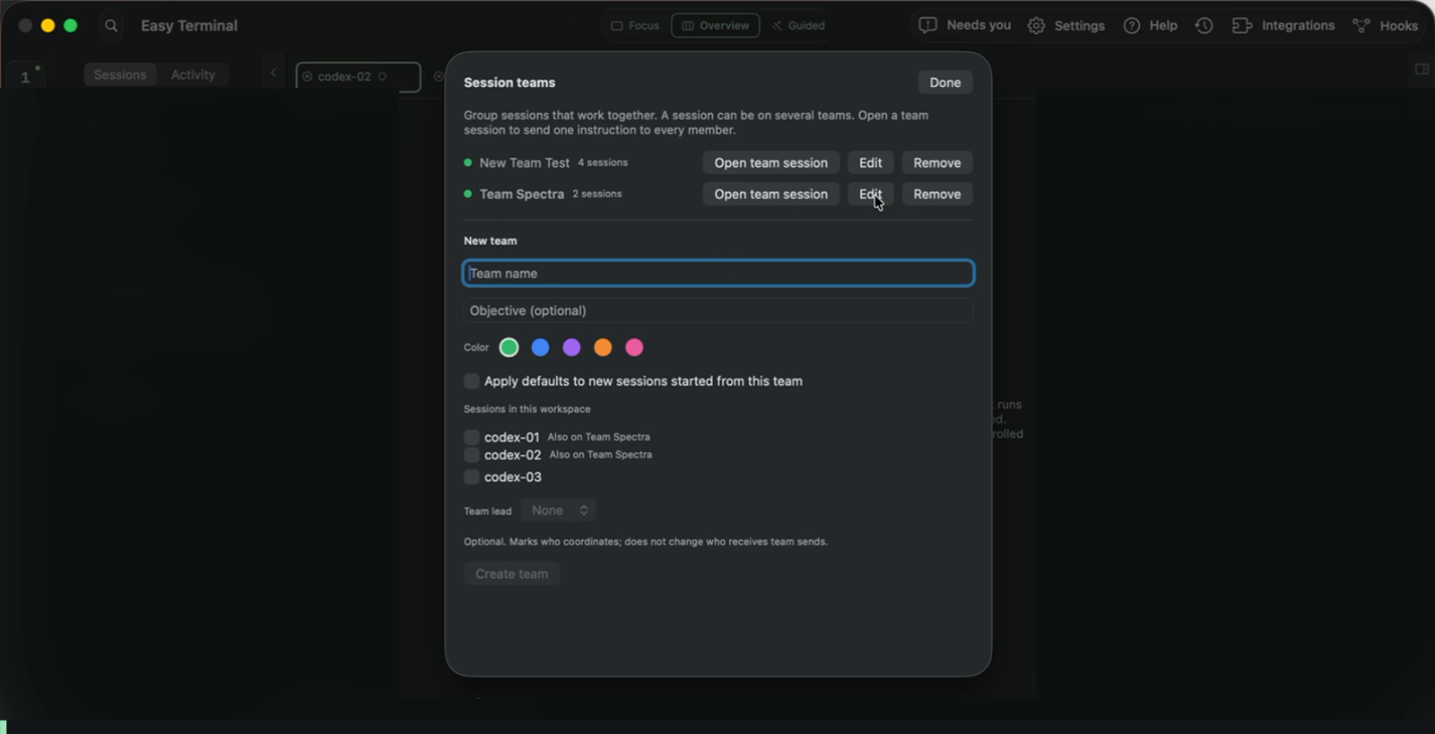 Session Teams dialog with team name, objective, color, session selection, and optional team lead controls.