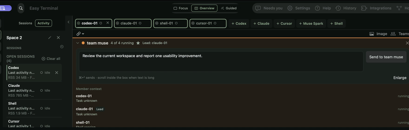 Easy Terminal showing plus controls for Codex, Claude, Cursor, Muse Spark, and Shell above a populated team session.