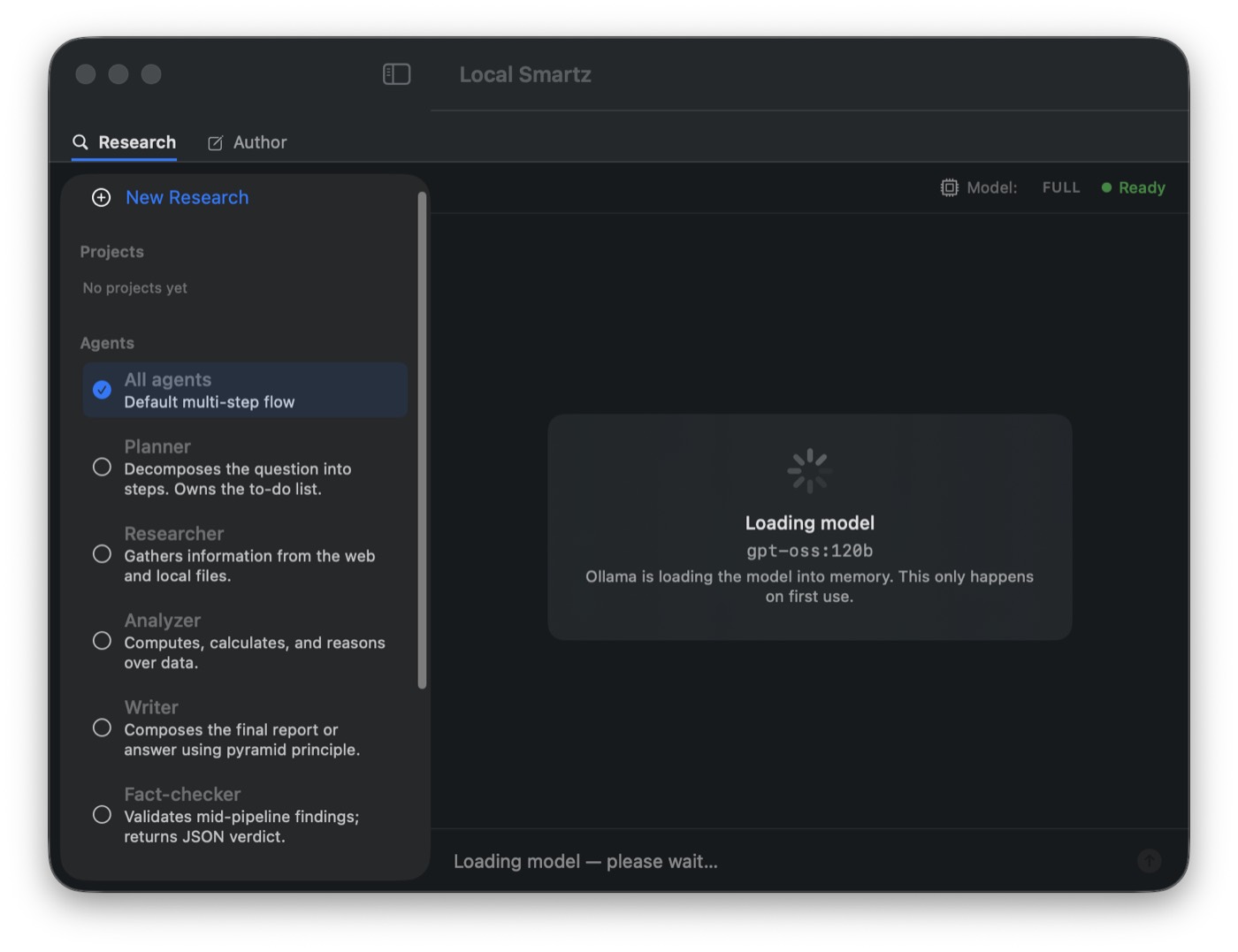 Local Smartz macOS app — Research tab with the agent roster (Planner, Researcher, Analyzer, Writer, Fact-checker) in the sidebar and a local gpt-oss:120b model loading into memory ::border