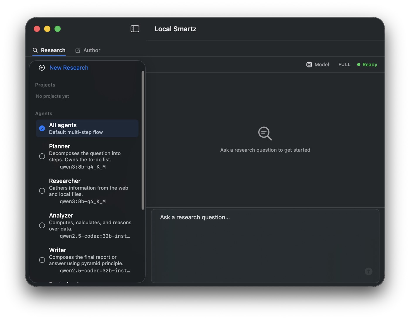 Local Smartz macOS app showing a research run in progress with the live trace queue ::border