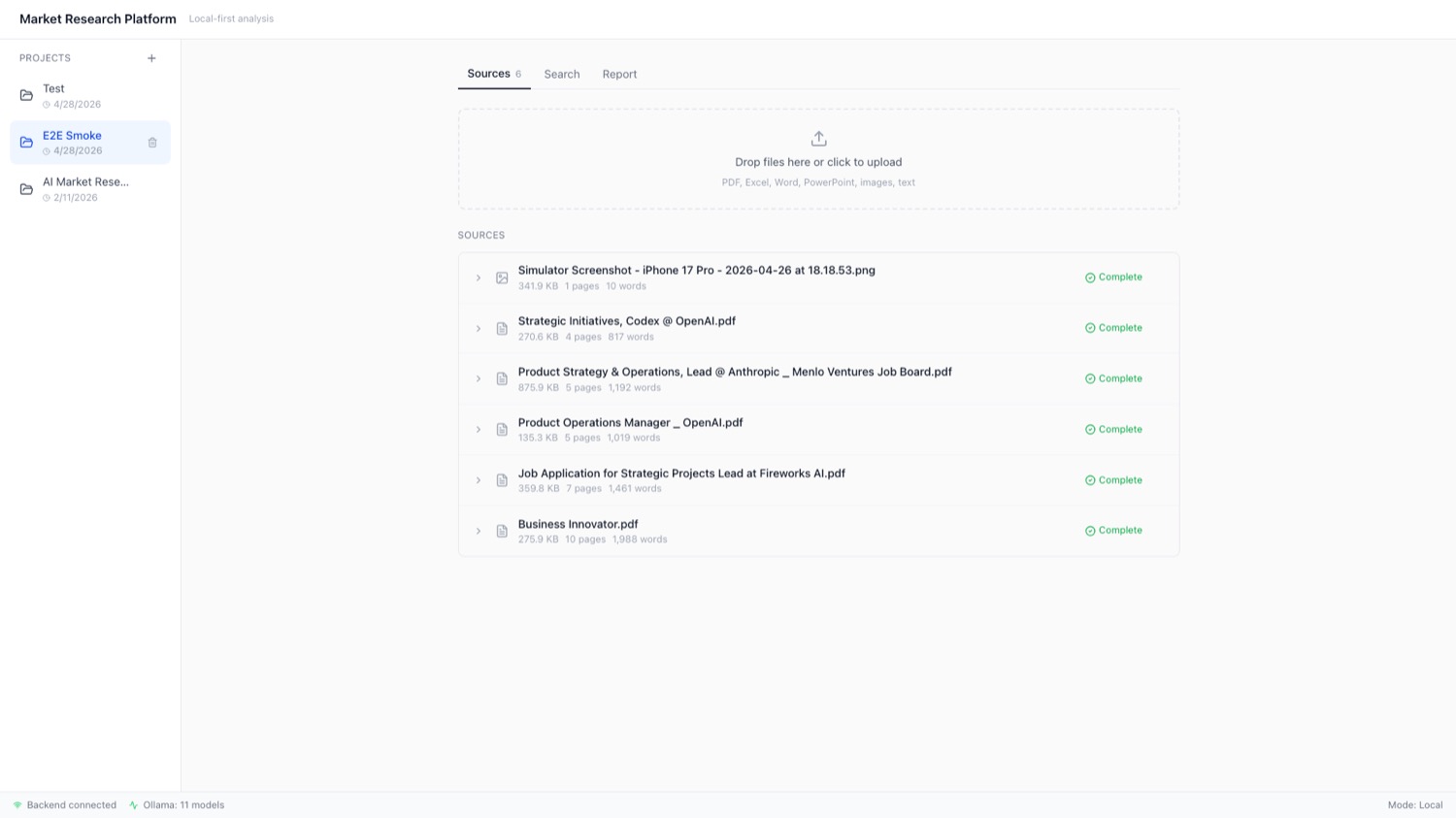 Market Research Platform — semantic search across ingested sources ::border
